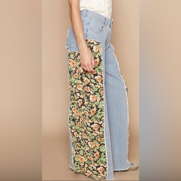 POL Striped Denim/Floral Wide Pants - Picture 2 of 5